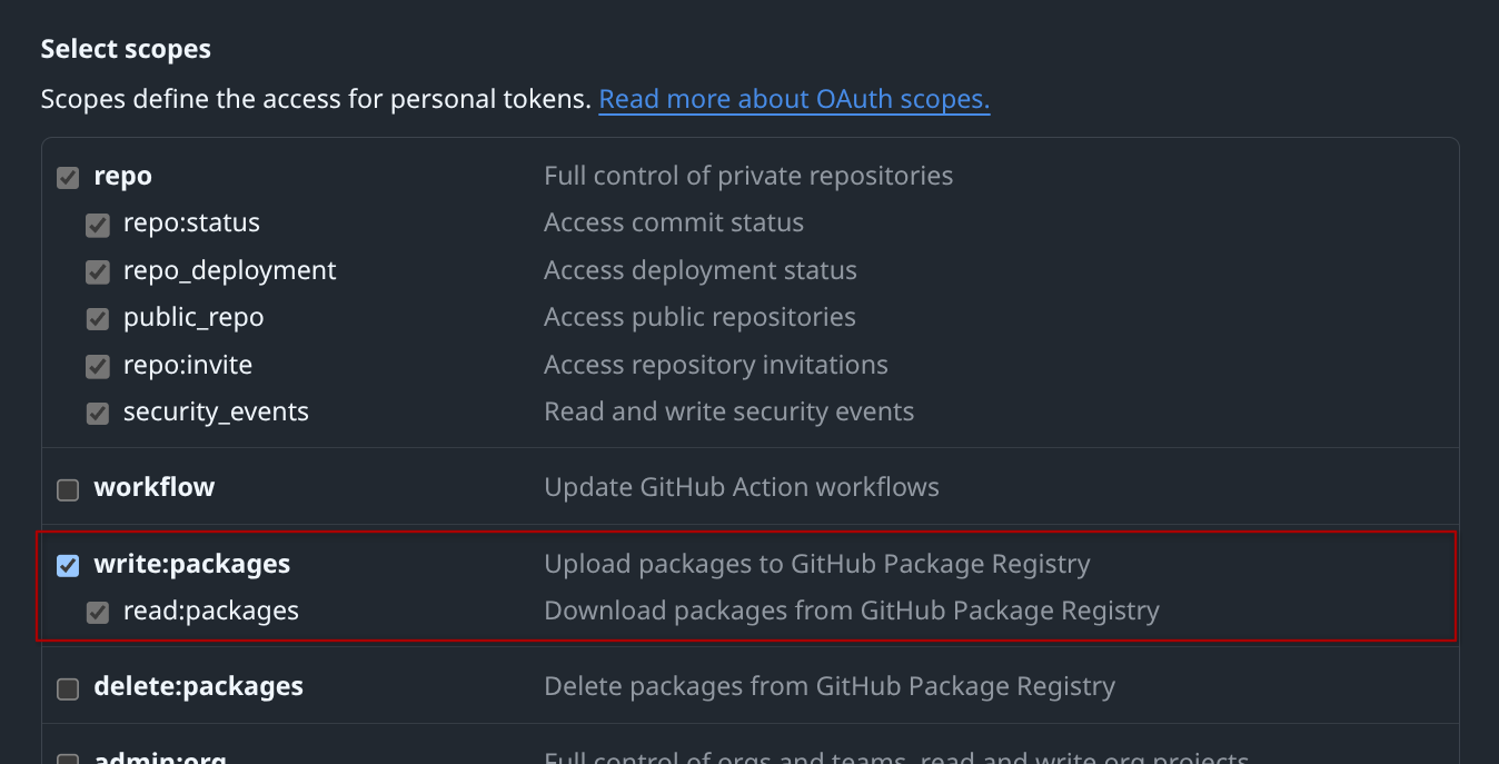 Screenshot of the GitHub token scope