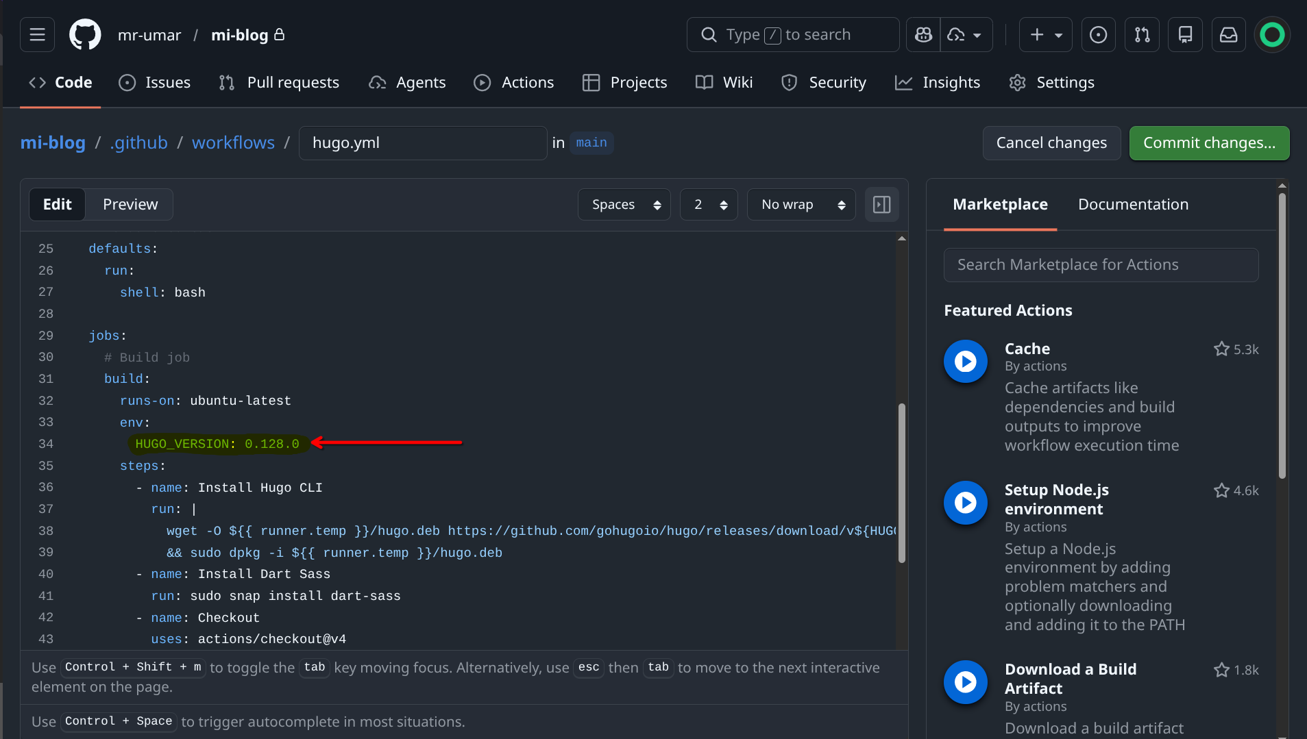 GitHub Actions Configuration Screenshot